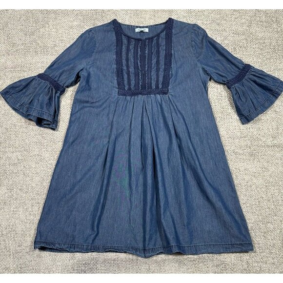 Max Studio Dress Womens Small Blue Shift Chambray Bell Sleeves Boho Embroidered - Picture 4 of 12